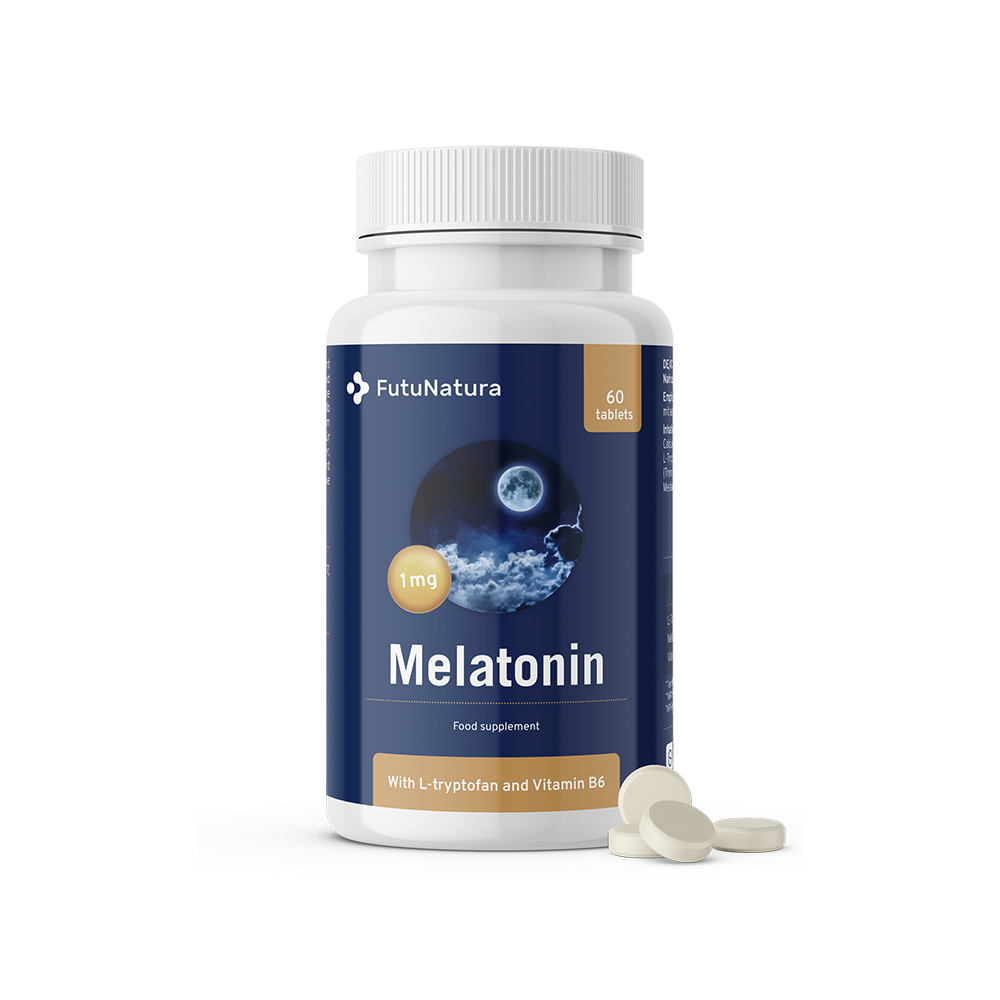 Melatonin. Melatonin je prehransko dopolnilo, ki vsebuje 1 mg melatonina na tableto. Melatonin prispeva k skrajšanju časa, potrebnega za zaspanost. Priporočen dnevni odmerek je 1 tableta na dan, zaužita pred spanjem.