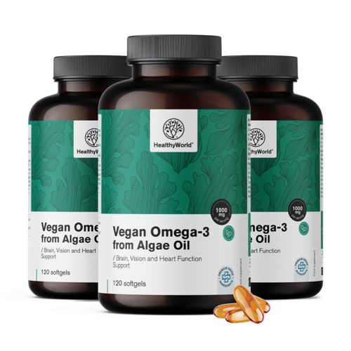 3x Veganes Omega-3 1000 mg – aus Algen, zusammen 360 Weichkapseln