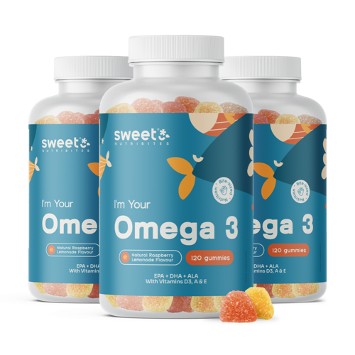 3x Omega-3 – mit den Vitaminen D3, E und A, zusammen 360 Gummibonbons